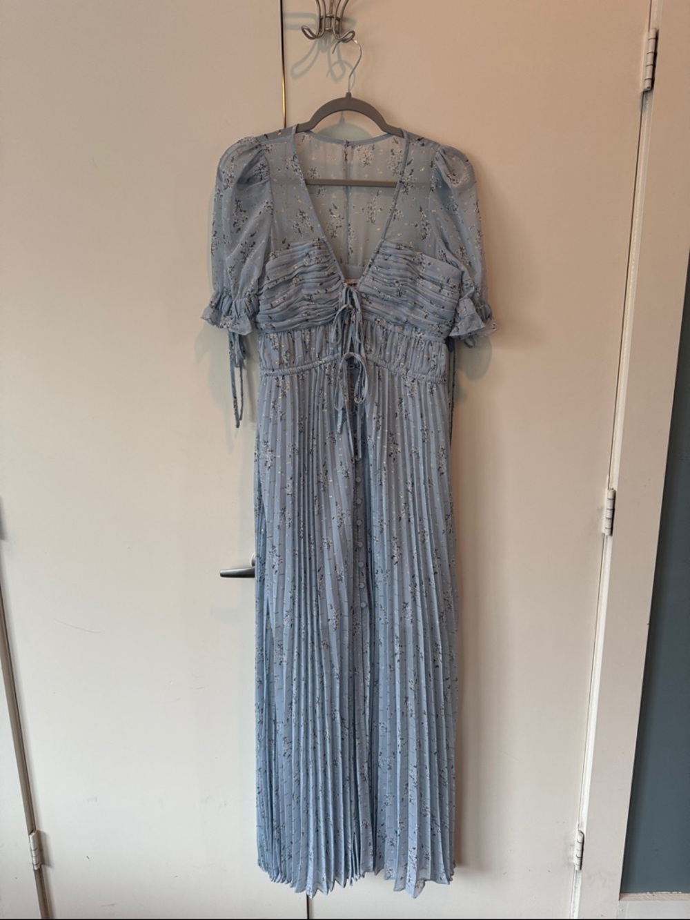 Self-Portrait Powder Blue Floral and Metallic Gold Pleated Maxi Dress